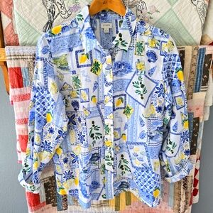 NWT J.Crew Linen Blend Brilliant Ocean Patterned Shirt Women's L